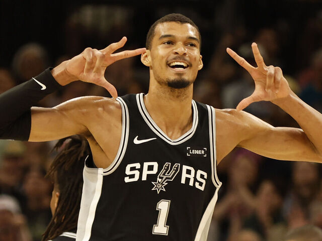 SAN ANTONIO, TX -MARCH 5: Victor Wembanyama #1 of the San Antonio Spurs reacts after making a three-point shot against the Detroit Pistons in the first half at Frost Bank Center on March 5, 2026 in San Antonio, Texas. NOTE TO USER: User expressly acknowledges and agrees that, by downloading and or using this photograph, User is consenting to terms and conditions of the Getty Images License Agreement.