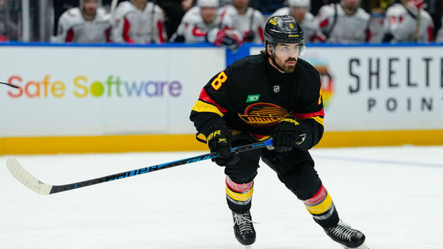 VANCOUVER, CANADA - JANUARY 21: Conor Garland #8 of the Vancouver Canucks skates during the first period of their NHL game against the Washington Capitals at Rogers Arena on January 21, 2026 in Vancouver, British Columbia, Canada.