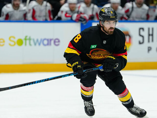 VANCOUVER, CANADA - JANUARY 21: Conor Garland #8 of the Vancouver Canucks skates during the first period of their NHL game against the Washington Capitals at Rogers Arena on January 21, 2026 in Vancouver, British Columbia, Canada.