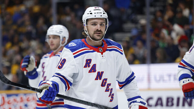 NASHVILLE, TENNESSEE - DECEMBER 21: Sam Carrick #39 of the New York Rangers looks on during the third period of the game against the Nashville Predators at Bridgestone Arena on December 21, 2025 in Nashville, Tennessee.