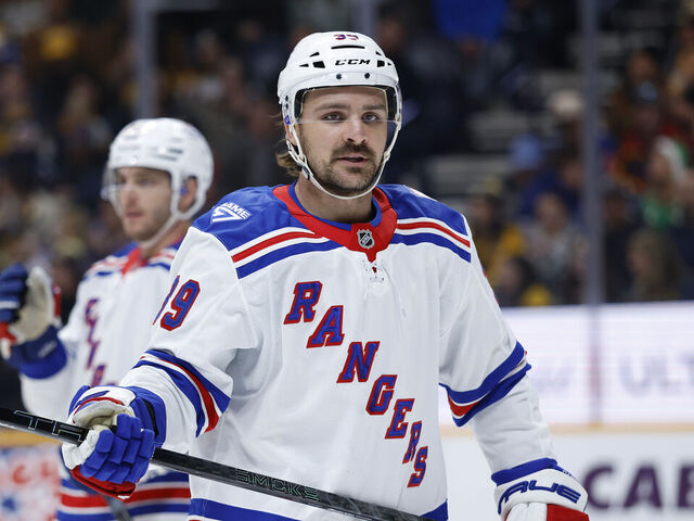 NASHVILLE, TENNESSEE - DECEMBER 21: Sam Carrick #39 of the New York Rangers looks on during the third period of the game against the Nashville Predators at Bridgestone Arena on December 21, 2025 in Nashville, Tennessee.