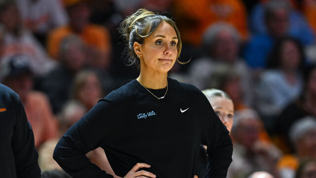 KNOXVILLE, TN - MARCH 01: Tennessee Lady Volunteers head coach Kim Caldwell looks on during the women's college basketball game between the Tennessee Lady Volunteers and the Vanderbilt Commodores on March 1, 2026, at Food City Center in Knoxville, TN.