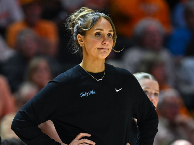 KNOXVILLE, TN - MARCH 01: Tennessee Lady Volunteers head coach Kim Caldwell looks on during the women's college basketball game between the Tennessee Lady Volunteers and the Vanderbilt Commodores on March 1, 2026, at Food City Center in Knoxville, TN.