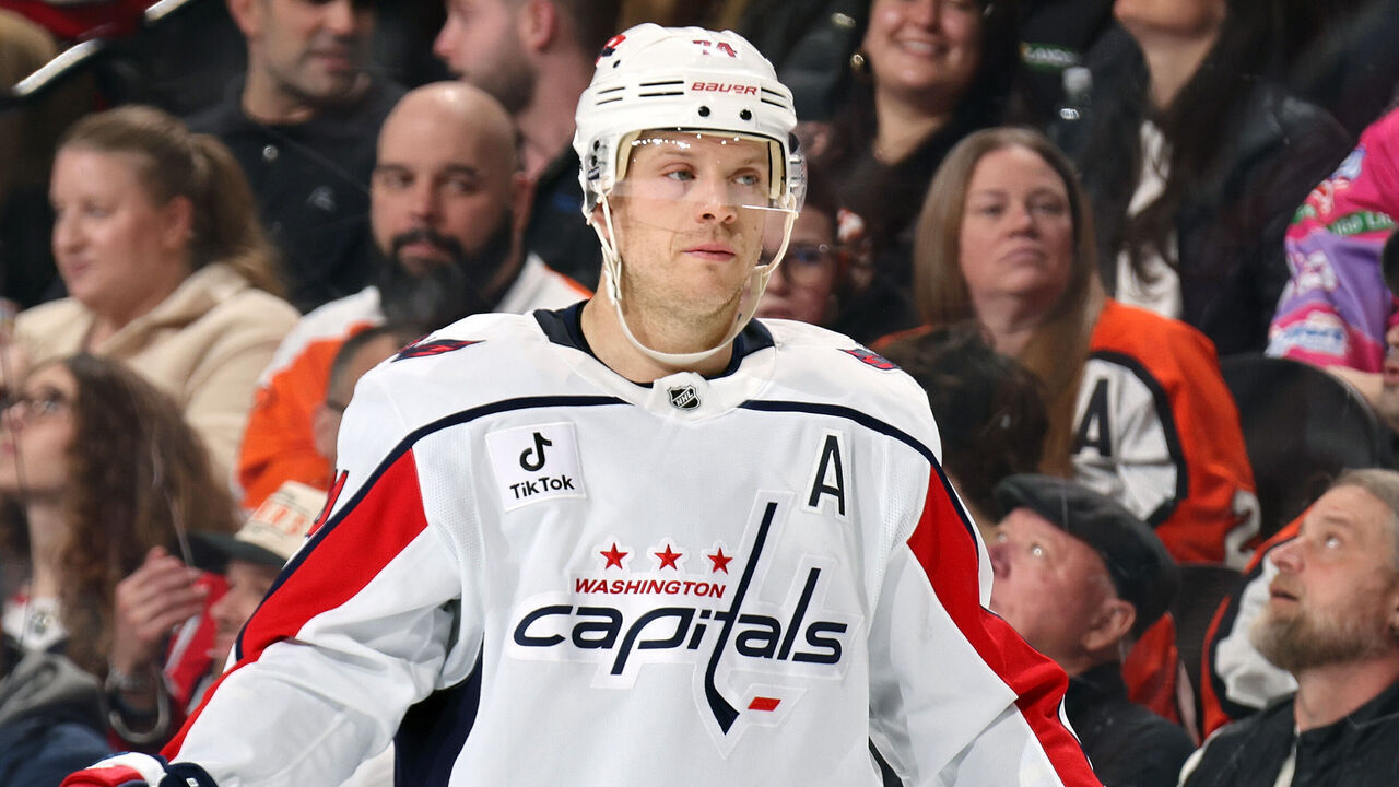 PHILADELPHIA, PENNSYLVANIA - FEBRUARY 03: John Carlson #74 of the Washington Capitals looks on against the Philadelphia Flyers at the Xfinity Mobile Arena on February 3, 2026 in Philadelphia, Pennsylvania.