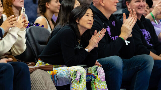 SAN FRANCISCO, CA - JUNE 25: New York Liberty Owner Clara Wu Tsai look on during a WNBA game between the Golden State Valkyries and the New York Liberty on June 25, 2025 at the Chase Center in San Francisco, CA.