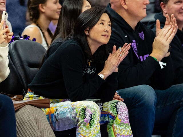 SAN FRANCISCO, CA - JUNE 25: New York Liberty Owner Clara Wu Tsai look on during a WNBA game between the Golden State Valkyries and the New York Liberty on June 25, 2025 at the Chase Center in San Francisco, CA.