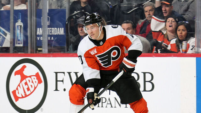PHILADELPHIA, PENNSYLVANIA - FEBRUARY 28: Bobby Brink #10 of the Philadelphia Flyers skates the puck against the Boston Bruins at the Xfinity Mobile Arena on February 28, 2026 in Philadelphia, Pennsylvania.