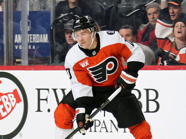 PHILADELPHIA, PENNSYLVANIA - FEBRUARY 28: Bobby Brink #10 of the Philadelphia Flyers skates the puck against the Boston Bruins at the Xfinity Mobile Arena on February 28, 2026 in Philadelphia, Pennsylvania.