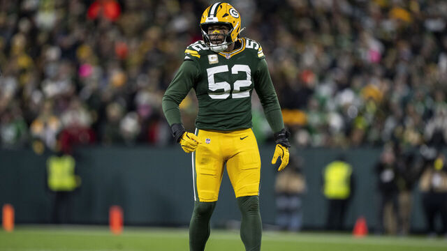 GREEN BAY, WISCONSIN - NOVEMBER 10: Rashan Gary #52 of the Green Bay Packers lines up during an NFL football game against the Philadelphia Eagles at Lambeau Field on November 10, 2025 in Green Bay, Wisconsin.