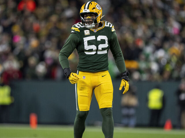 GREEN BAY, WISCONSIN - NOVEMBER 10: Rashan Gary #52 of the Green Bay Packers lines up during an NFL football game against the Philadelphia Eagles at Lambeau Field on November 10, 2025 in Green Bay, Wisconsin.