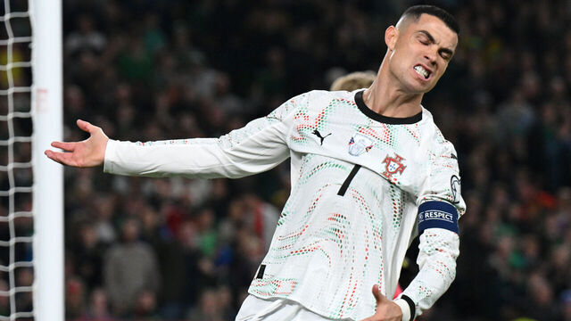 DUBLIN, IRELAND - NOVEMBER 13: Cristiano Ronaldo of Portugal reacts during the FIFA World Cup 2026 qualifier match between Republic of Ireland and Portugal at Aviva Stadium on November 13, 2025 in Dublin, Ireland.