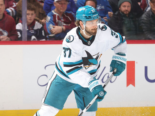 DENVER, COLORADO - FEBRUARY 04: Timothy Liljegren #37 of the San Jose Sharks skates against the Colorado Avalanche at Ball Arena on February 04, 2026 in Denver, Colorado.