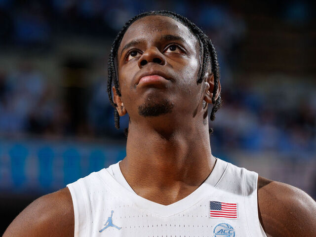 CHAPEL HILL, NC - FEBRUARY 07: Caleb Wilson #8 of the North Carolina Tar Heels looks on during a game against the Duke Blue Devils on February 07, 2026 at the Dean Smith Center in Chapel Hill, North Carolina. North Carolina won 71-68.