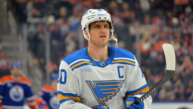 EDMONTON, CANADA - JANUARY 18: Brayden Schenn #10 of the St. Louis Blues in action during the game against the Edmonton Oilers at Rogers Place on January 18, 2026, in Edmonton, Alberta, Canada.