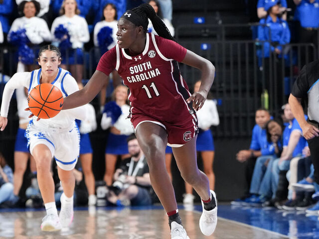 LEXINGTON, KENTUCKY - MARCH 01: Madina Okot #11 of the South Carolina Gamecocks dribbles the ball in the third quarter against the Kentucky Wildcats at Memorial Coliseum on March 01, 2026 in Lexington, Kentucky.