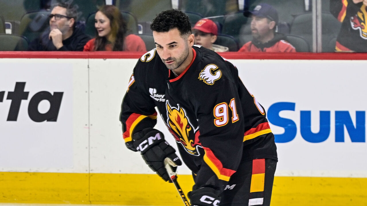 CALGARY, AB - MARCH 3: Nazem Kadri #91 of the Calgary Flames warms up before the game against the Dallas Stars at Scotiabank Saddledome on March 3, 2026 in Calgary, Alberta, Canada.