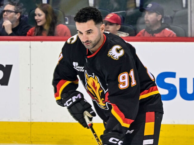 CALGARY, AB - MARCH 3: Nazem Kadri #91 of the Calgary Flames warms up before the game against the Dallas Stars at Scotiabank Saddledome on March 3, 2026 in Calgary, Alberta, Canada.