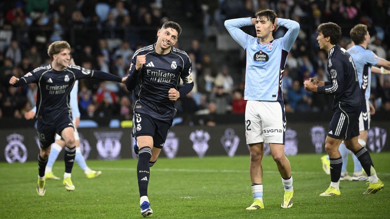 TOPSHOT - Real Madrid's Uruguayan midfielder #08 Federico Valverde celebrates scoring his team's second goal during the Spanish league football match between Celta Vigo and Real Madrid CF at the Balaidos Stadium in Vigo on March 6, 2026.