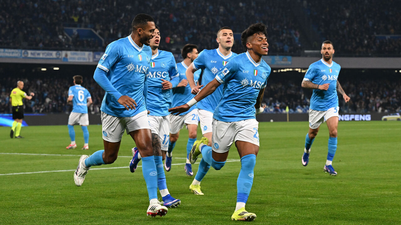 NAPLES, ITALY - MARCH 06: Alisson Santos of SSC Napoli celebrates after scoring the opening goal during the Serie A match between SSC Napoli and Torino FC at Stadio Diego Armando Maradona on March 06, 2026 in Naples, Italy.