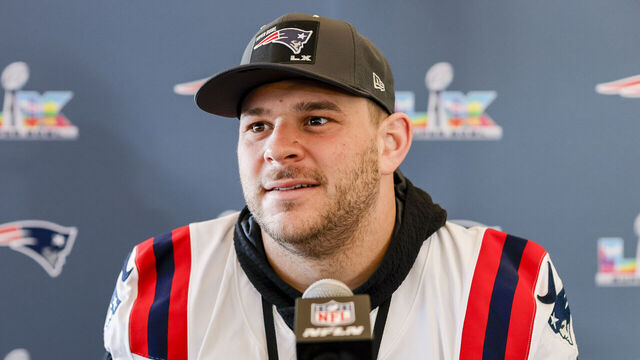 SANTA CLARA, CA - FEBRUARY 05: C Garrett Bradbury (65) of the New England Patriots answers questions during the Thursday press conference on Thursday, February 5th at the Santa Clara Marriott in Santa Clara, CA.