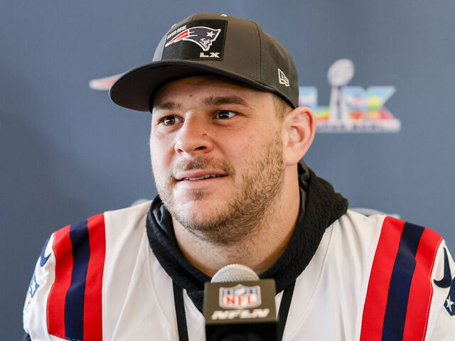 SANTA CLARA, CA - FEBRUARY 05: C Garrett Bradbury (65) of the New England Patriots answers questions during the Thursday press conference on Thursday, February 5th at the Santa Clara Marriott in Santa Clara, CA.