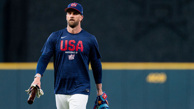 HOUSTON, TEXAS - MARCH 05: Bryce Harper #24 of Team USA looks on during 2026 World Baseball Classic Pool B Workouts at Daikin Park on March 05, 2026 in Houston, Texas.
