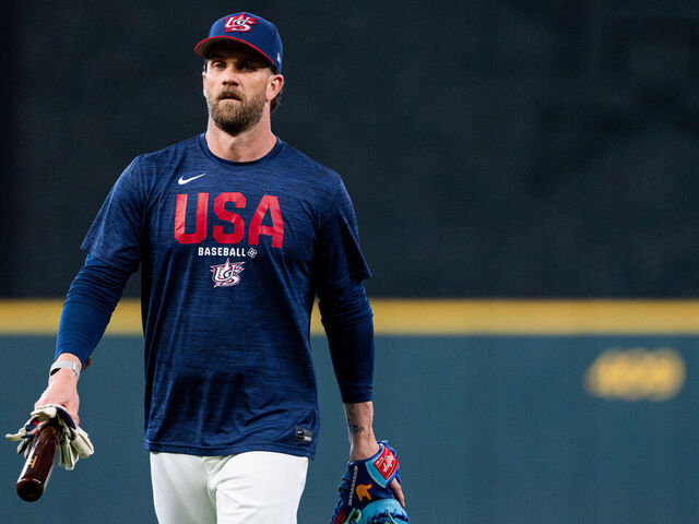 HOUSTON, TEXAS - MARCH 05: Bryce Harper #24 of Team USA looks on during 2026 World Baseball Classic Pool B Workouts at Daikin Park on March 05, 2026 in Houston, Texas.