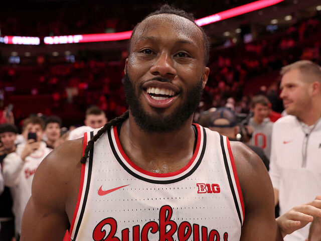 COLUMBUS, OHIO - MARCH 1: Bruce Thornton #2 of the Ohio State Buckeyes reacts after defeating the Purdue Boilermakers at Value City Arena on March 1, 2026 in Columbus, Ohio. Ohio State defeated Purdue 82-74.