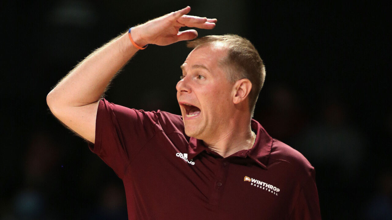 NASHVILLE, TN - NOVEMBER 20: Winthrop Eagles head coach Mark Prosser reacts to an officials call during a game between the Vanderbilt Commodores and Winthrop Eagles, November 20, 2021, at Memorial Gymnasium in Nashville, Tennessee.