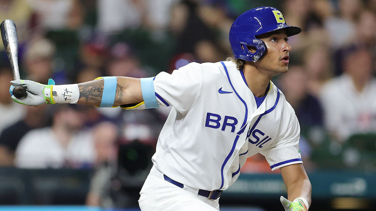 HOUSTON, TEXAS - MARCH 06: Lucas Ramirez #24 of Team Brazil hits a solo home run in the first inning against Team United States during a 2026 World Baseball Classic Pool B game at Daikin Park on March 06, 2026 in Houston, Texas.