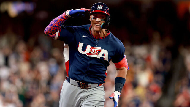 HOUSTON, TEXAS - MARCH 06: Aaron Judge #99 of the United States celebrates after hitting a two run home run during the first inning against Brazil during the 2026 World Baseball Classic Pool B game between the United States and Brazil at Daikin Park on March 06, 2026 in Houston, Texas.