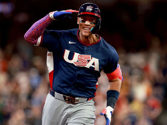HOUSTON, TEXAS - MARCH 06: Aaron Judge #99 of the United States celebrates after hitting a two run home run during the first inning against Brazil during the 2026 World Baseball Classic Pool B game between the United States and Brazil at Daikin Park on March 06, 2026 in Houston, Texas.