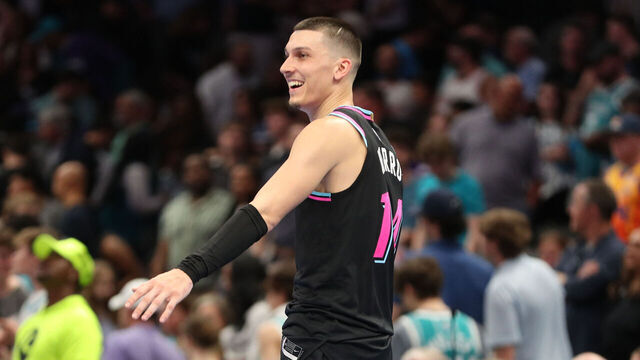 CHARLOTTE, NC - MARCH 6: Tyler Herro #14 of the Miami Heat smiles during the game against the Charlotte Hornets on March 6, 2026 at Spectrum Center in Charlotte, North Carolina. Mandatory Copyright Notice: Copyright 2026 NBAE