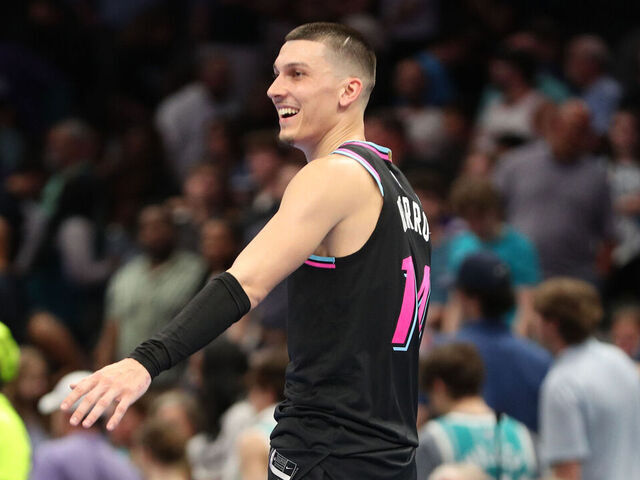 CHARLOTTE, NC - MARCH 6: Tyler Herro #14 of the Miami Heat smiles during the game against the Charlotte Hornets on March 6, 2026 at Spectrum Center in Charlotte, North Carolina. Mandatory Copyright Notice: Copyright 2026 NBAE