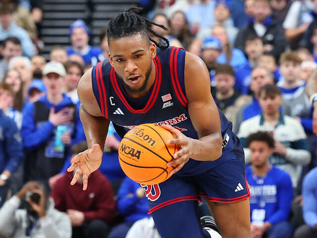 NEWARK, NJ - MARCH 06: Zuby Ejiofor #24 of the St. John's Red Storm drives to the basket during the game against the Seton Hall Pirates on March 6, 2026 at Prudential Center in Newark, New Jersey.