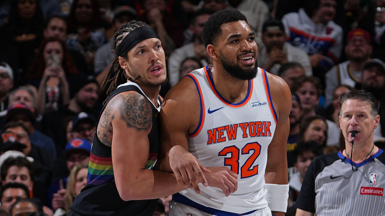 DENVER, CO - MARCH 6: Aaron Gordon #32 of the Denver Nuggets and Karl-Anthony Towns #32 of the New York Knicks look on on March 6, 2026 at Ball Arena in Denver, Colorado. NOTE TO USER: User expressly acknowledges and agrees that, by downloading and/or using this Photograph, user is consenting to the terms and conditions of the Getty Images License Agreement. Mandatory Copyright Notice: Copyright 2026 NBAE