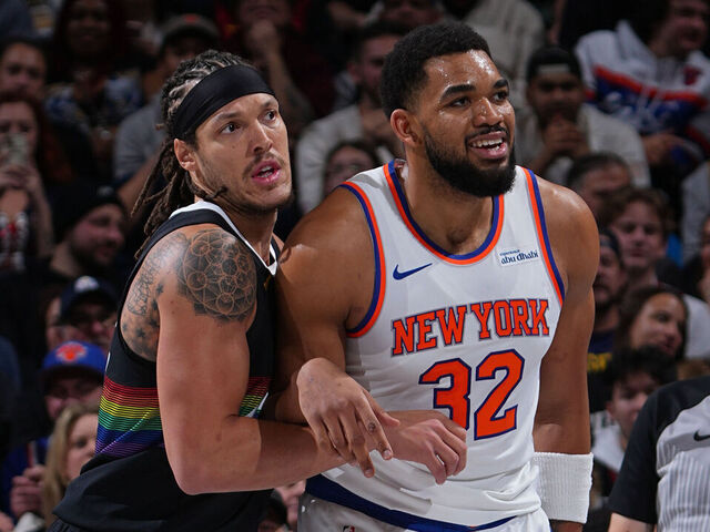 DENVER, CO - MARCH 6: Aaron Gordon #32 of the Denver Nuggets and Karl-Anthony Towns #32 of the New York Knicks look on on March 6, 2026 at Ball Arena in Denver, Colorado. NOTE TO USER: User expressly acknowledges and agrees that, by downloading and/or using this Photograph, user is consenting to the terms and conditions of the Getty Images License Agreement. Mandatory Copyright Notice: Copyright 2026 NBAE