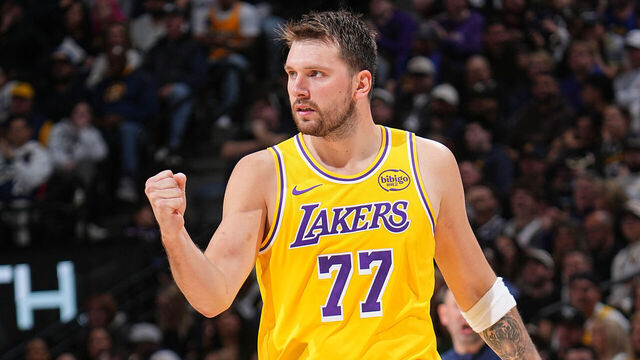DENVER, CO - MARCH 5: Luka Doncic #77 of the Los Angeles Lakers reacts during the game against the Denver Nuggets on March 5, 2026 at Ball Arena in Denver, Colorado. NOTE TO USER: User expressly acknowledges and agrees that, by downloading and/or using this Photograph, user is consenting to the terms and conditions of the Getty Images License Agreement. Mandatory Copyright Notice: Copyright 2026 NBAE