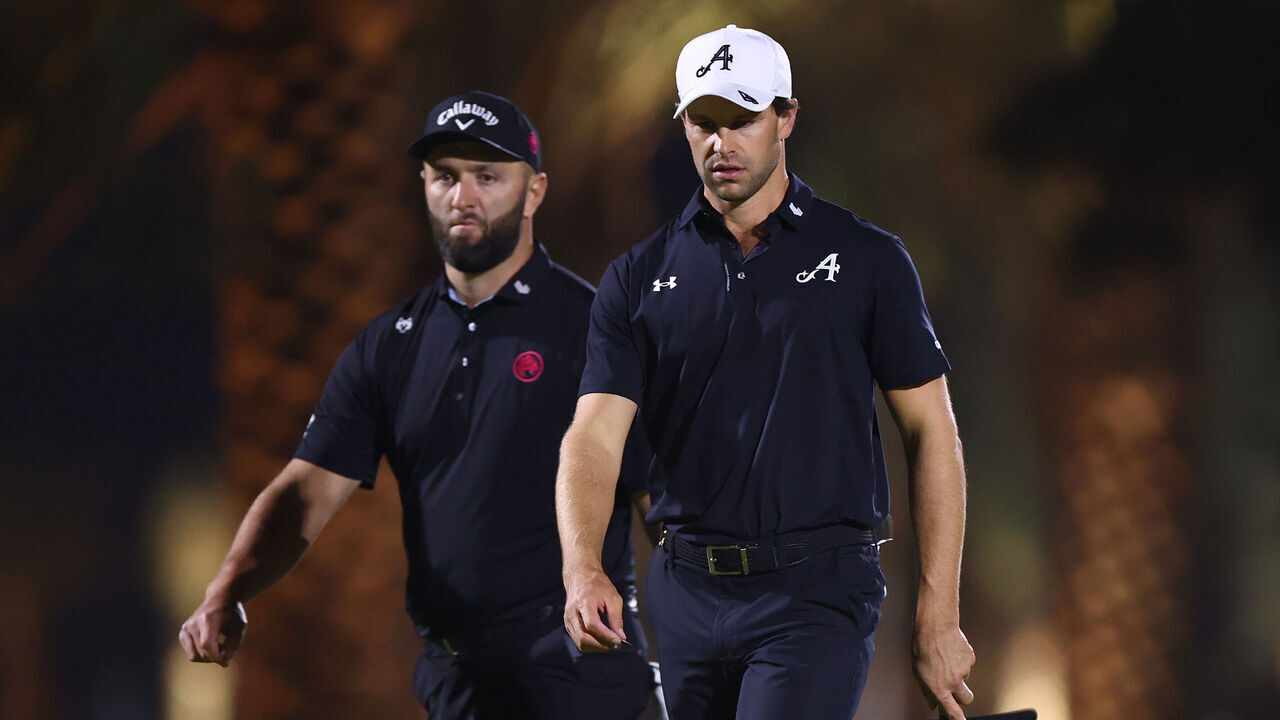 RIYADH, SAUDI ARABIA - FEBRUARY 07: Jon Rahm of Legion XIII and Thomas Detry of 4Aces GC walk onto the 15th green on day four of LIV Golf Riyadh at Riyadh Golf Club on February 07, 2026 in Jeddah, Saudi Arabia.