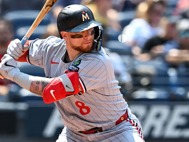CLEVELAND, OHIO - AUGUST 03: Christian Vázquez #8 of the Minnesota Twins bats during the fourth inning against the Cleveland Guardians at Progressive Field on August 03, 2025 in Cleveland, Ohio.