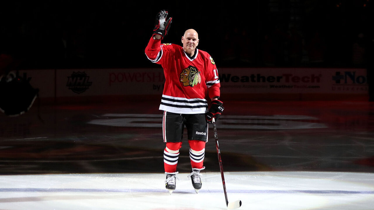 CHICAGO, IL - FEBRUARY 21: Troy Murray, former player for the Chicago Blackhawks, is honored during the "One More Shift" campaign prior to the game against the Ottawa Senators at the United Center on February 21, 2018 in Chicago, Illinois.
