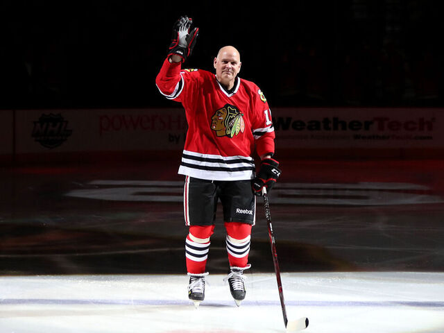 CHICAGO, IL - FEBRUARY 21: Troy Murray, former player for the Chicago Blackhawks, is honored during the "One More Shift" campaign prior to the game against the Ottawa Senators at the United Center on February 21, 2018 in Chicago, Illinois.