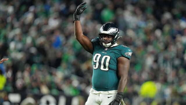 PHILADELPHIA, PENNSYLVANIA - NOVEMBER 16: Jordan Davis #90 of the Philadelphia Eagles reacts to a play during the first quarter of a game against the Detroit Lions at Lincoln Financial Field on November 16, 2025 in Philadelphia, Pennsylvania.