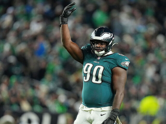 PHILADELPHIA, PENNSYLVANIA - NOVEMBER 16: Jordan Davis #90 of the Philadelphia Eagles reacts to a play during the first quarter of a game against the Detroit Lions at Lincoln Financial Field on November 16, 2025 in Philadelphia, Pennsylvania.