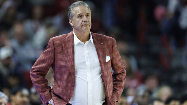 FAYETTEVILLE, ARKANSAS - JANUARY 24: Head Coach John Calipari of the Arkansas Razorbacks directs his team during a game against the LSU Tigers at Bud Walton Arena on January 24, 2026 in Fayetteville, Arkansas. The Razorbacks defeated the Tigers 85-81.