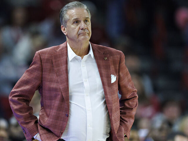 FAYETTEVILLE, ARKANSAS - JANUARY 24: Head Coach John Calipari of the Arkansas Razorbacks directs his team during a game against the LSU Tigers at Bud Walton Arena on January 24, 2026 in Fayetteville, Arkansas. The Razorbacks defeated the Tigers 85-81.