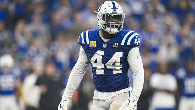 INDIANAPOLIS, IN - OCTOBER 05: Indianapolis Colts Linebacker Zaire Franklin (44) looks on during the NFL game between the Las Vegas Raiders and the Indianapolis Colts on October 5, 2025, at Lucas Oil Stadium in Indianapolis, Indiana.