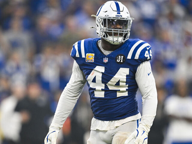 INDIANAPOLIS, IN - OCTOBER 05: Indianapolis Colts Linebacker Zaire Franklin (44) looks on during the NFL game between the Las Vegas Raiders and the Indianapolis Colts on October 5, 2025, at Lucas Oil Stadium in Indianapolis, Indiana.
