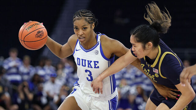 DULUTH, GEORGIA - MARCH 07: Ashlon Jackson #3 of the Duke Blue Devils drives against Vanessa de Jesus #2 of the Notre Dame Fighting Irish during the first quarter of the semifinals of the Women's ACC Tournament between the Duke Blue Devils and Notre Dame Fighting Irish at Gas South Arena on March 07, 2026 in Duluth, Georgia.