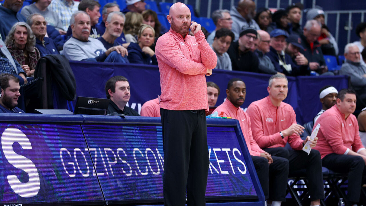 AKRON, OH - JANUARY 13: Ball State Cardinals head coach Michael Lewis on the sideline during the first half of the college basketball game between the Ball State Cardinals and Akron Zips on January 13, 2026, at the James A. Rhodes Arena in Akron, OH.